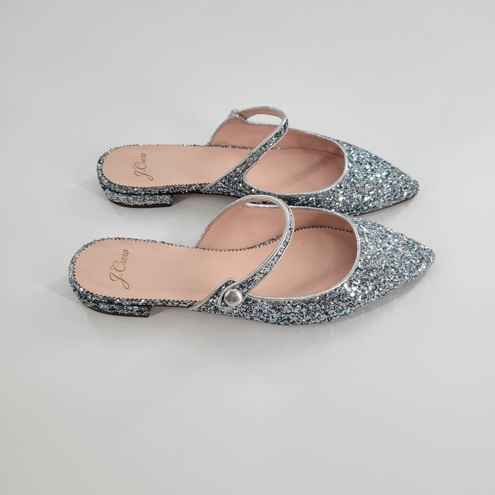 J. Crew Glittery Silver Flats with Strap